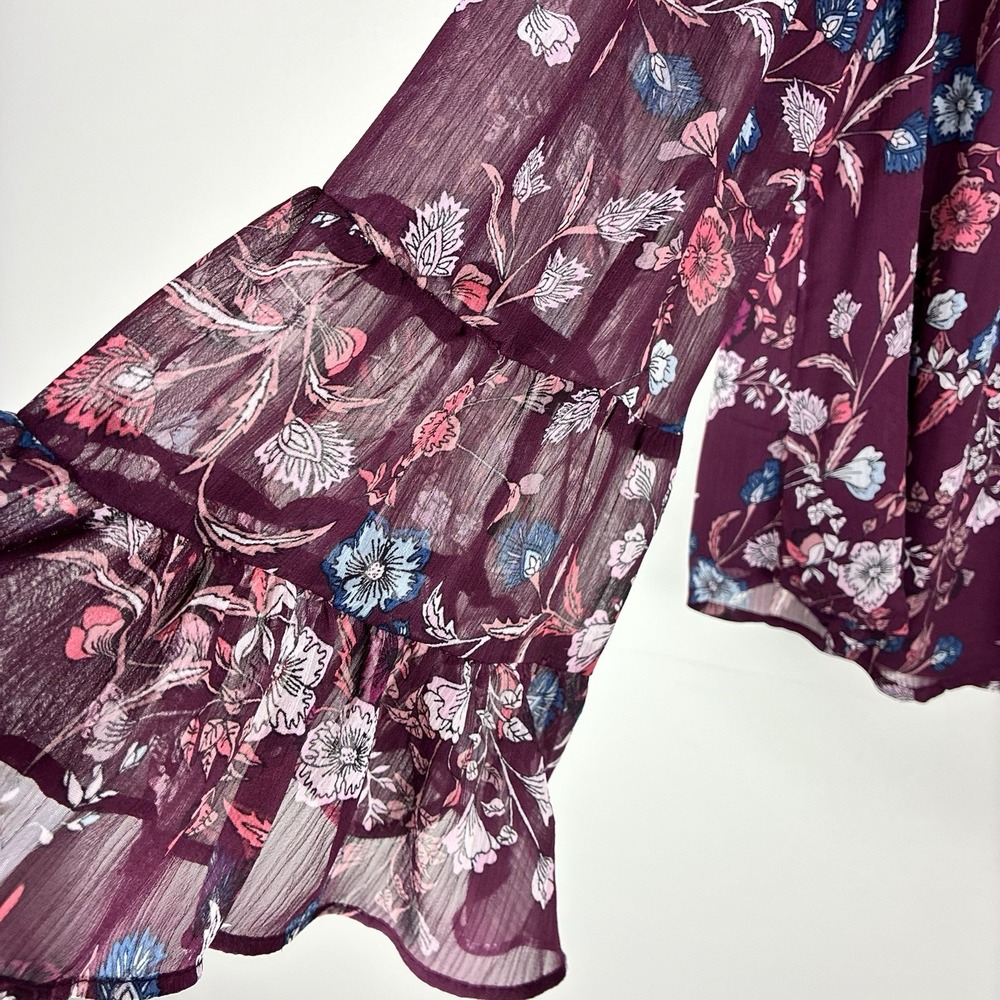 CeCe Floral Blouse L Purple Plum Bell Ruffle Long Sleeves Boho Peasant Hippie - Picture 4 of 10